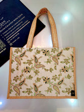 Khirad (خِرد) Embroidered Jute Tote Bag – Gold & Green Floral Tote for Women